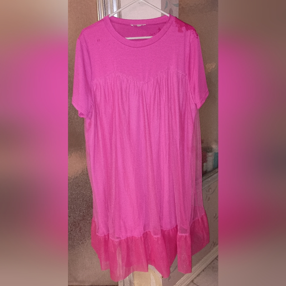 WOWO 1X Hot PINK Neon Dress Cotton with Netting
